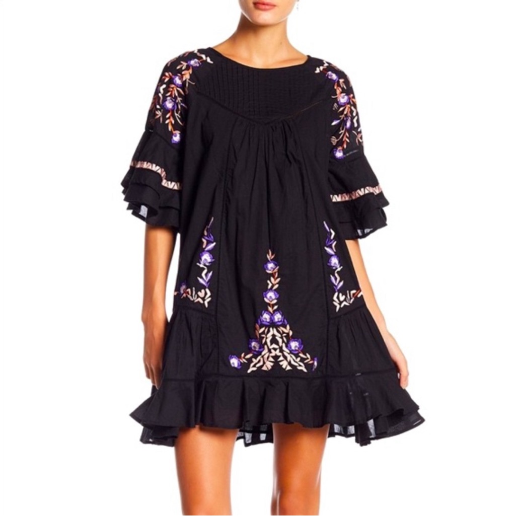 Free People Babydoll Boho Embroidered Floral Dress